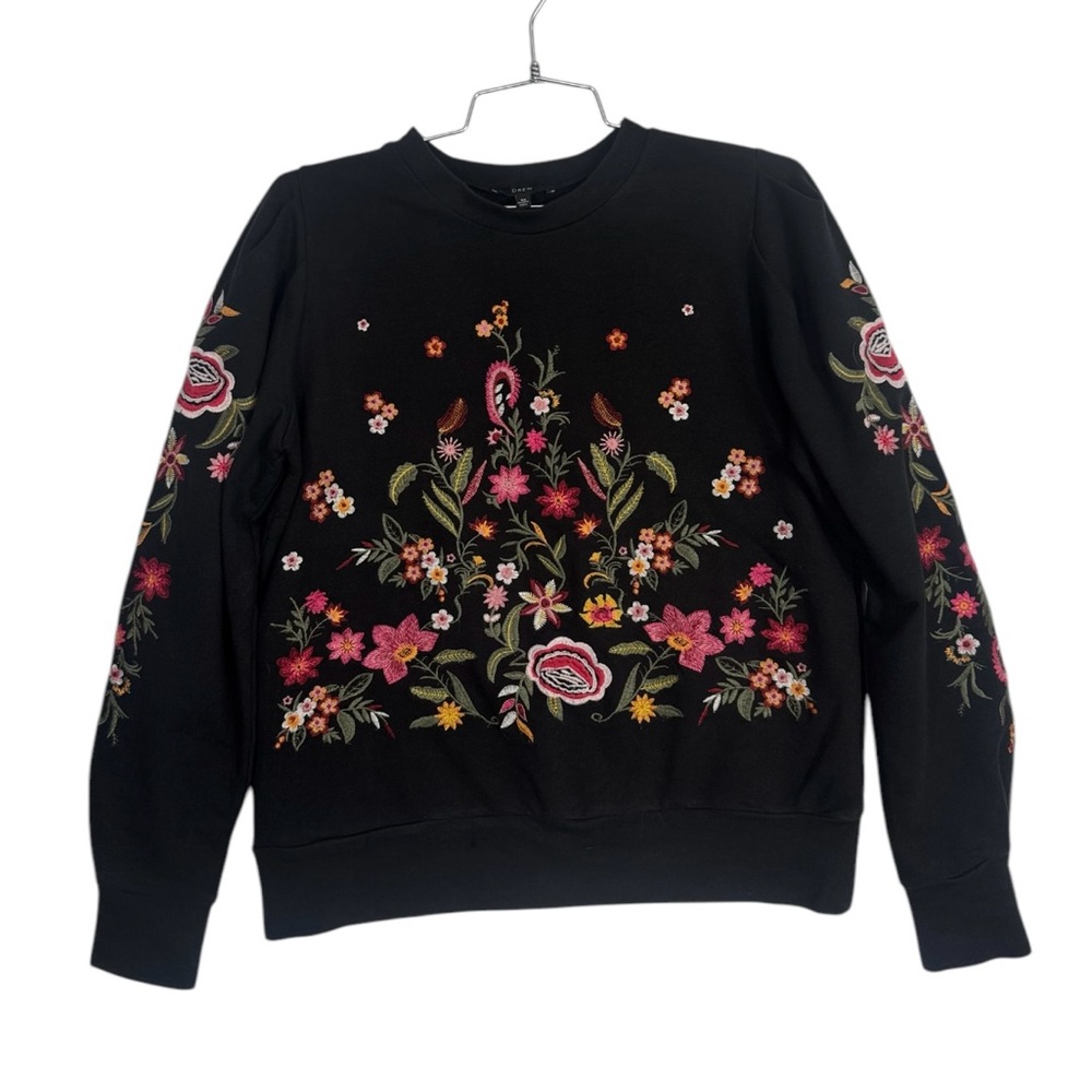 Anthropologie Drew Black Embroidered Floral Lightweight Crewneck XS